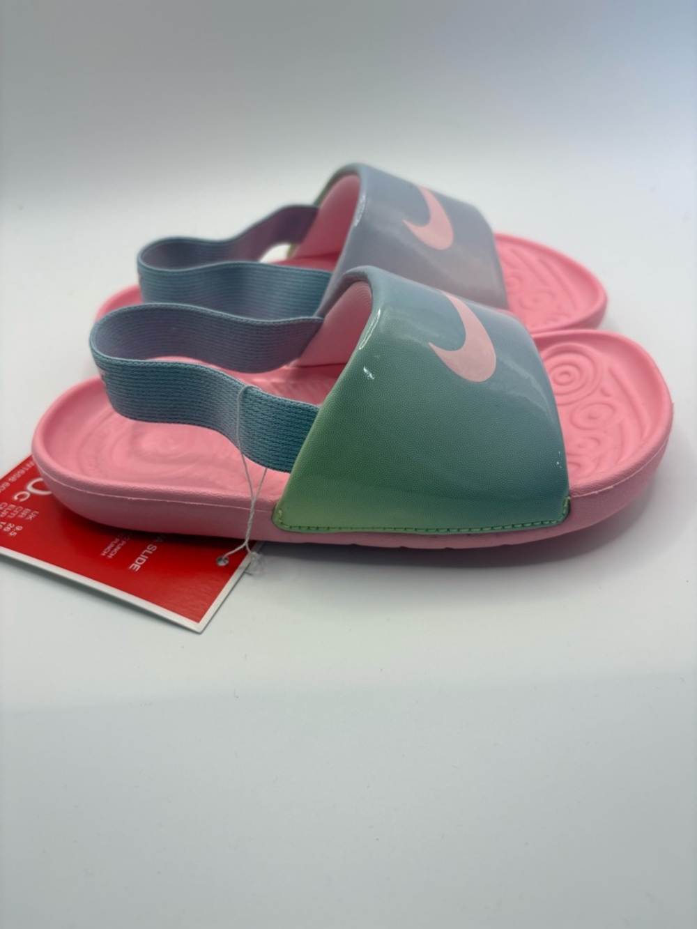 Nike Kids Pink and Mint Slide Sandals with Elastic Heel Straps